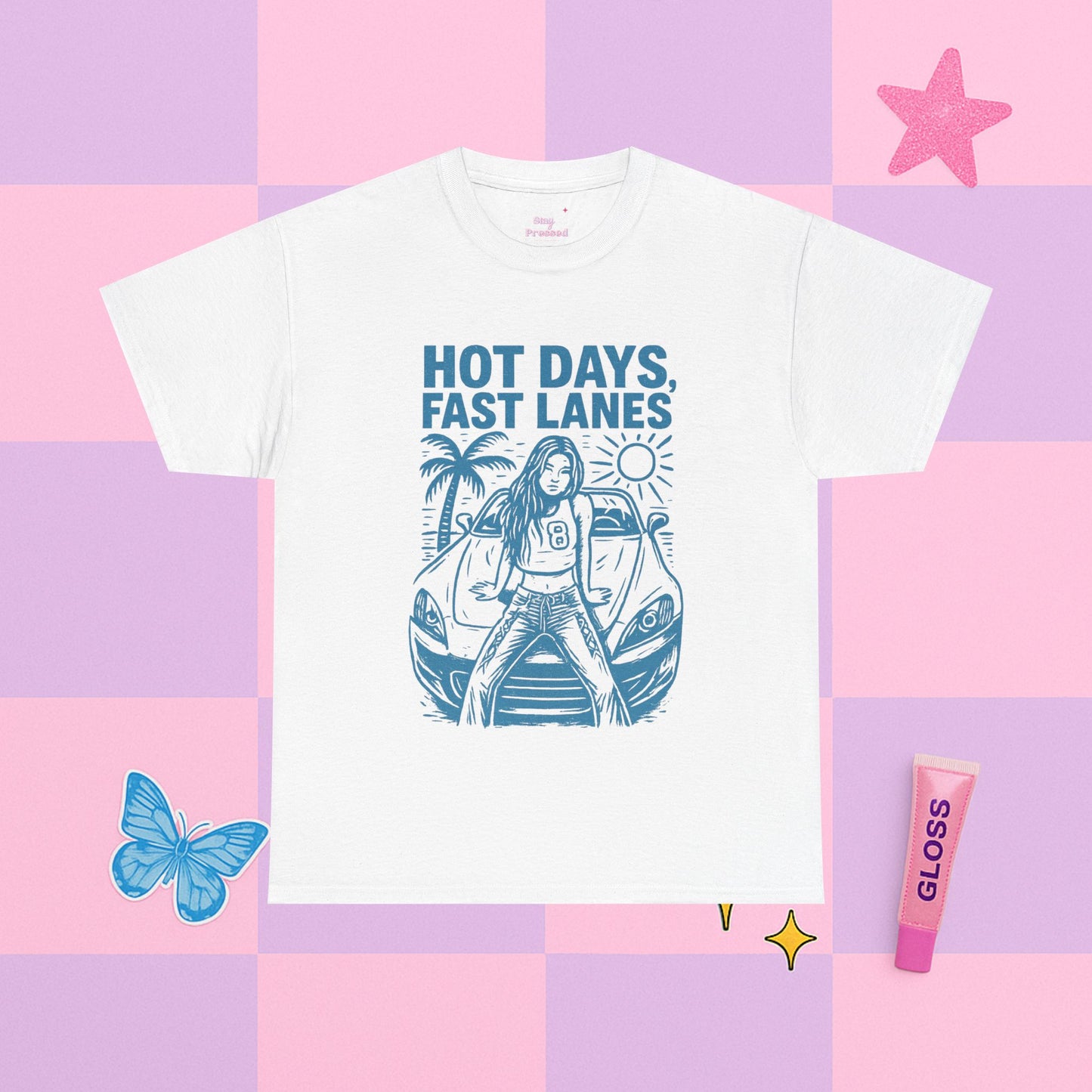 White t-shirt with graphic design and text on a colorful checkered background