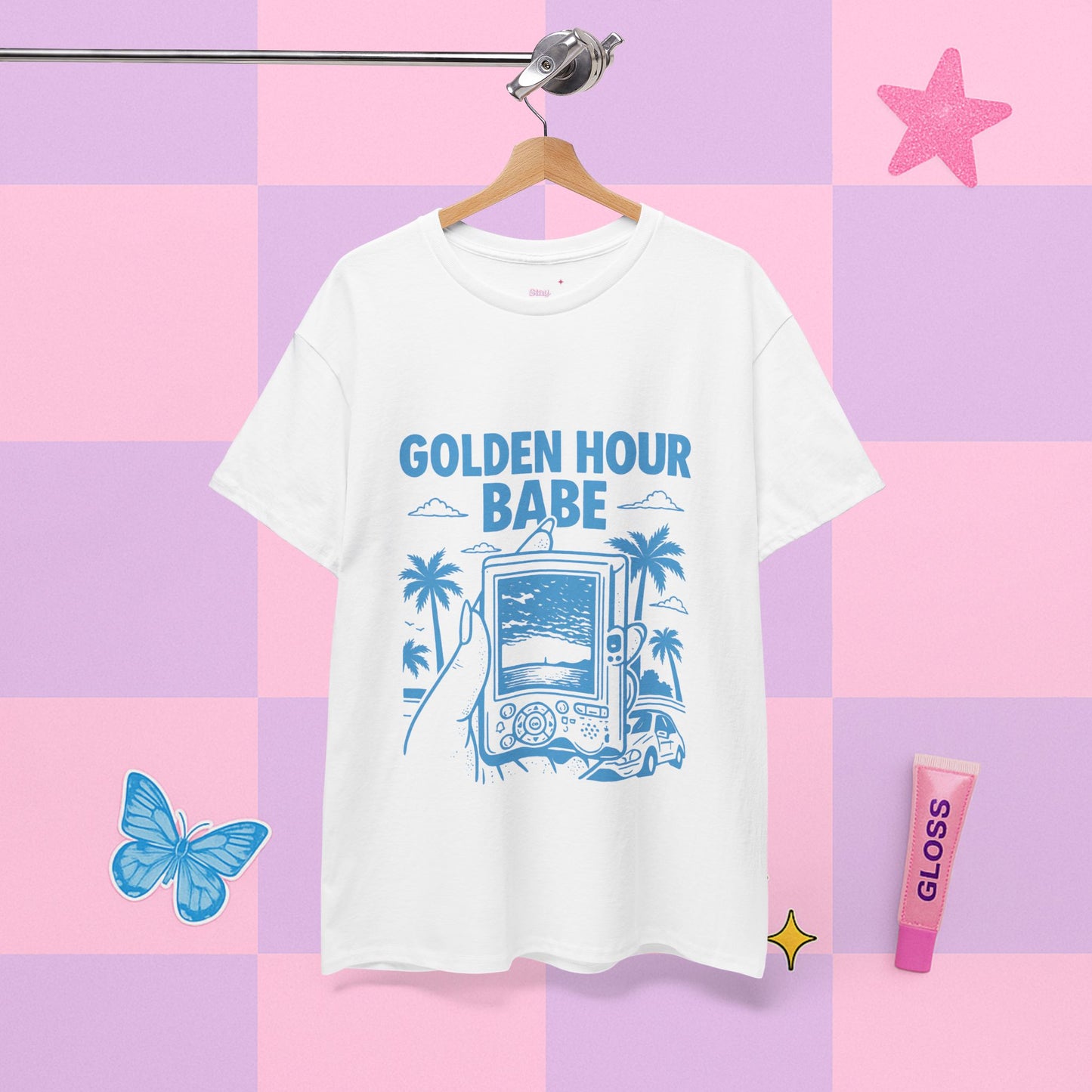 White t-shirt with 'Golden Hour Babe' design on a pastel checkered background