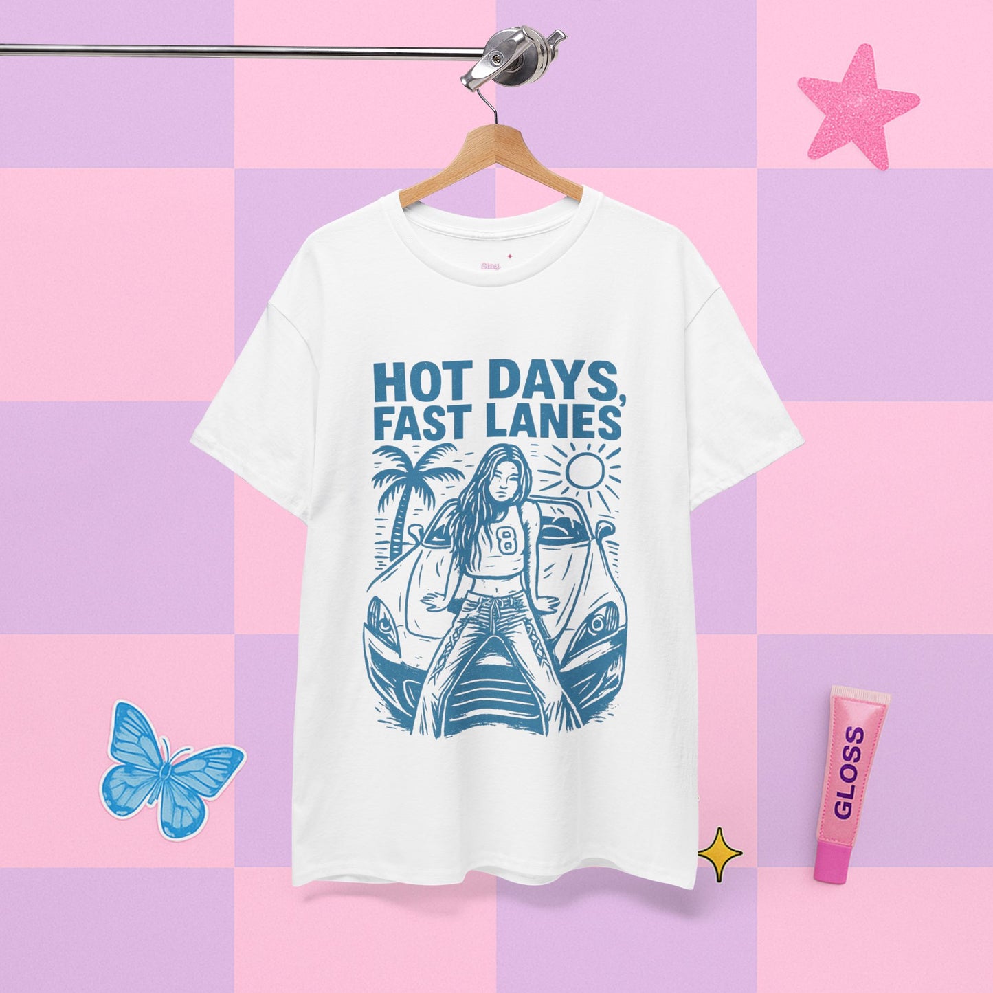 White t-shirt with graphic design and text on a colorful checkered background