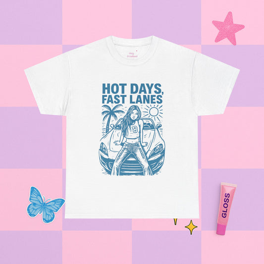 White t-shirt with graphic design and text on a colorful checkered background