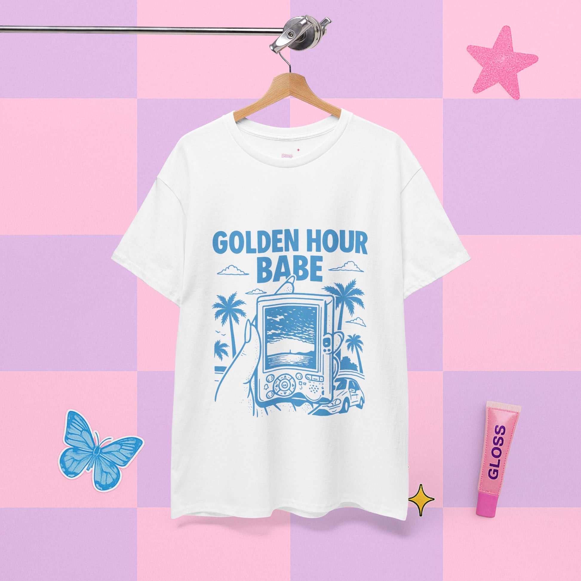 White t-shirt with 'Golden Hour Babe' design on a pastel checkered background
