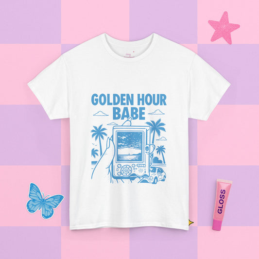 White t-shirt with 'Golden Hour Babe' design on a pastel checkered background
