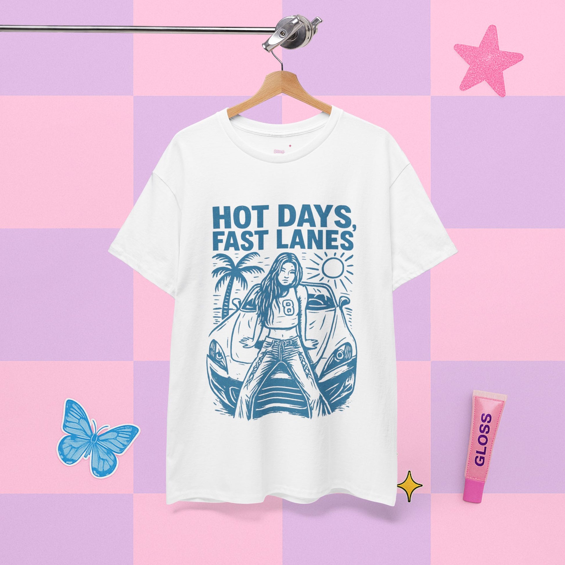 White t-shirt with graphic design and text on a colorful checkered background